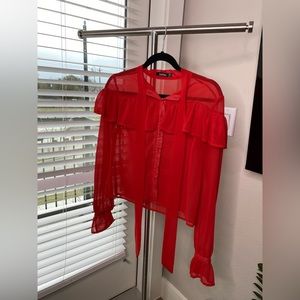Boohoo red long sleeve see through blouse